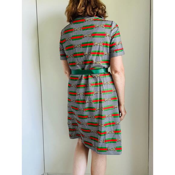 Vintage 60 Mod Style Dress Houndstooth Buckle Design Green/Red Designer Sz 6-8 - Picture 9 of 11